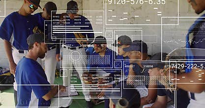 Gathering players wearing blue jerseys listening to coach in dugout, with bats HUD overlays