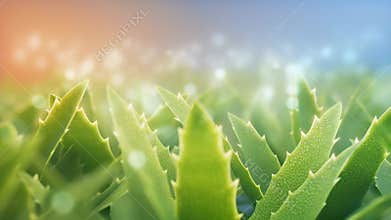 Lush green aloe vera plants basking in soft sunlight. Represents natural healing and wellness in skincare and health