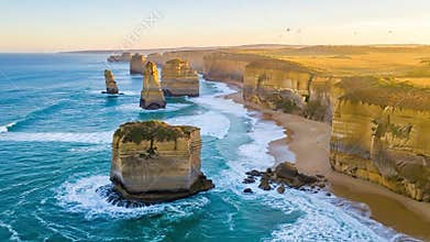 4K Drone Aerial Coastal Cliffs Ocean Waves Dusk Orbit Descent Epic Adventure Stock