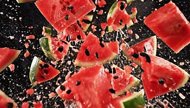 Scattered watermelon slices, vibrant red with black seeds and green rind, explode against a dark background