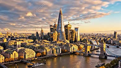 Aerial Drone Hyperlapse of Tower Bridge & London City Skyline, River Thames View