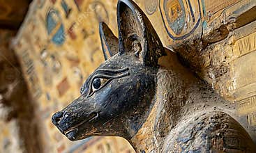Ancient Egyptian God Anubis Statue with Hieroglyphic Wall Paintings in a Historic Tomb