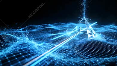 Futuristic Blue Dataflow Pyramid in Cosmic Darkness