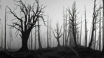 Exploring a Stark Forest Landscape with Bare Trees and Mist