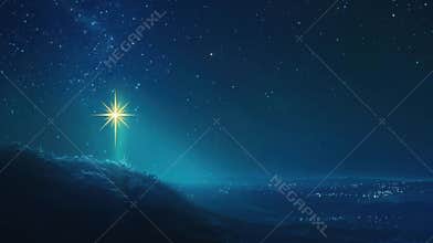 A bright star shines in a dark night sky over a serene landscape. The scene conveys a sense of peace
