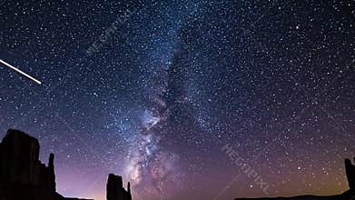Illustrating a dynamic meteor shower streaking across the dark firmament, creating luminous trails against the backdrop of