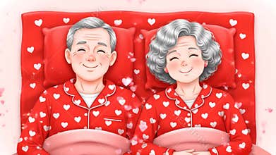 Adorable Senior Couple in Matching Valentine Day Pajamas Surrounded by Hearts: A Sweet Animated Illustration of Everlasting Love