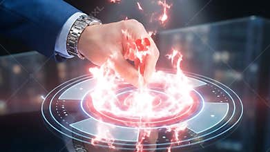 Close up of hand placing red dart on digital holographic target for business strategy success.