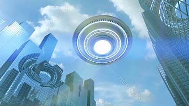 Ufo or alien spaceship in city