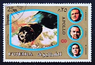 Post stamp Fujeira with apollo spaceship and astronauts apollo 8 mission