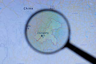 Los Angeles, California, USA - 1 May 2020: Chongqing City Town name with location on map close up, Illustrative Editorial