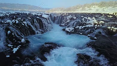 Drone aerial view of Bruarfoss waterfall in winter, Reykjavik, Iceland