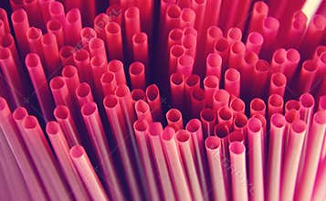 Bunch of red straw in the fast food restaurant