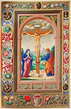 Jesus on the cross, mother Marie and Ap. John standing near.  In a vintage book Les Evangiles, edited by Curmet, 1863, Paris