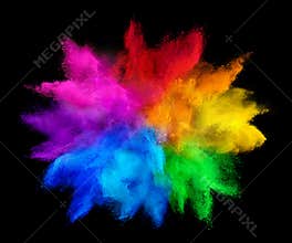 Colorful rainbow holi paint color powder explosion isolated on dark black background. peace rgb gaming beautiful party concept