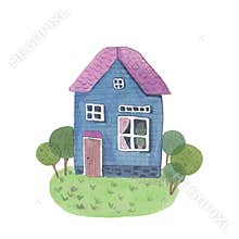 Watercolor house. Cute blue fairytale house. Hand painted illustration, isolated on white. Cartoon hand drawn style.