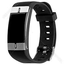 Smart fitness bracelet with heart rate measurement, silicone black strap and blank screen for logo