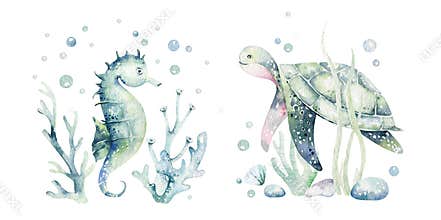 Set of sea animals. Blue watercolor ocean fish, turtle, sea horse whale and coral. Shell aquarium background. Nautical