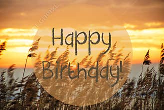 Beach Grass At Sunrise Or Sunset, Text Happy Birthday