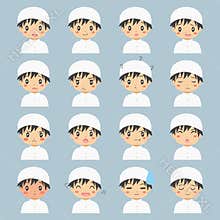 Cute Muslim Kids Expressions Vector Set.