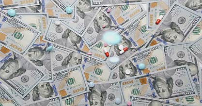 Falling drugs on money background, medical insurance