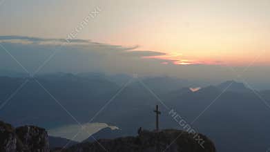 4K drone shot at Schafberg mountain Salzkammergut. Sunset alpine view