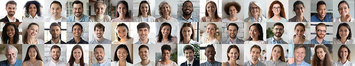 Many smiling multiethnic people faces headshots collage mosaic, banner design