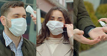 Multi-screen with portraits of people in protective masks, collage on the theme of the coronavirus pandemic.