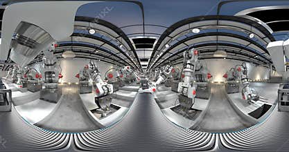 Robotic Arm Assembling 3d Printer On Conveyor Belt. 4K 360 VR animation