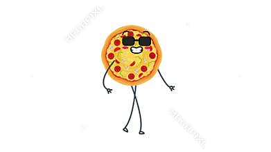 4K animation walking pizza with legs and arms. Italian pepperoni wearing sunglassesâ€Ž on a white background for fast food deliver
