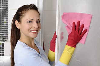 Happy beautiful women after cleaning the house