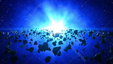 Asteroid Belt In The Rays Of Blue Star