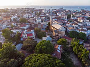 Aerial View on Old Slave Market in Anglican Cathedral at sunset time in Stone Town, Zanzibar, Tanzania