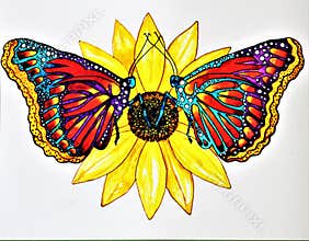 Hand painted vibrant watercolor butterflies on a yellow sunflower blossom.