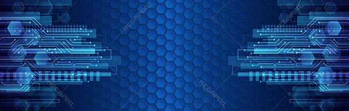 Abstract wide technology background with hexagons and gear wheels. Hi-tech circuit board vector illustration