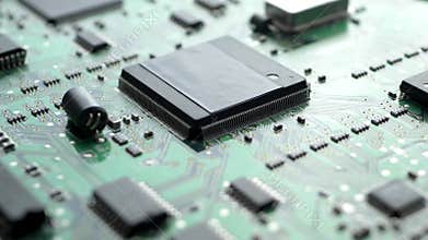 Green electronic circuit board with processor, chips and capacitors