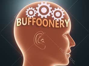 Buffoonery inside human mind - pictured as word Buffoonery inside a head with cogwheels to symbolize that Buffoonery is what