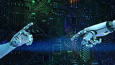 Cyborg hand pointing on circuit board