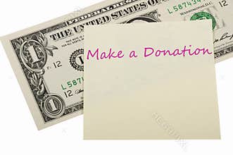 Dollar and sticker. Concept of donatio