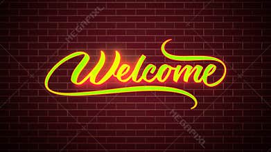 Yellow Red Welcome Neon Light Lettering Sign On Dark Red Brick Wall Texture