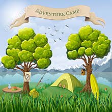 Cartoon illustration of camping place in wild nature background. mountain landscape with tent, resting tourist on lake