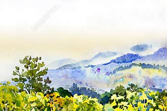 Watercolor landscape paintings colorful mountain range and sky cloud in abstract background