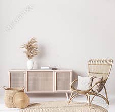 Wooden natural furniture in Scandinavian living room design, interior wall mock up