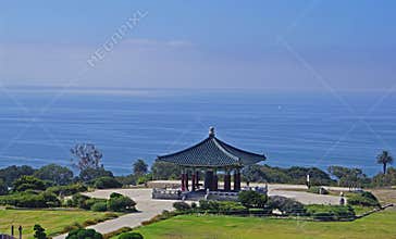Korean Bell of Friendship in Angels Gate Park, Los Angeles, above the Pacific Ocean