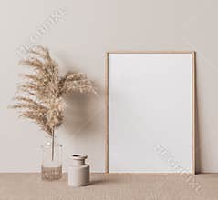 Interior poster mock up with vertical frame on the floor in Scandinavian home interior.