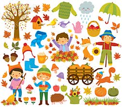 Autumn clipart set with kids and animals