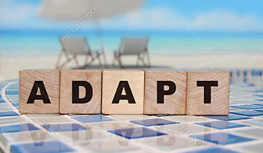 ADAPT Word on wooden blocks standing on swimming pool borders mosaic near the beach. Business change concept