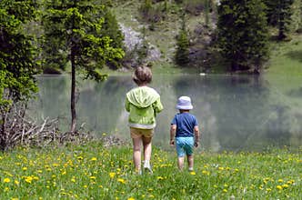 Children hiking in Dolomites