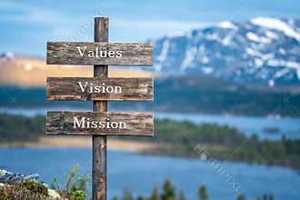 Values vision mission wooden signpost outdoor in nature