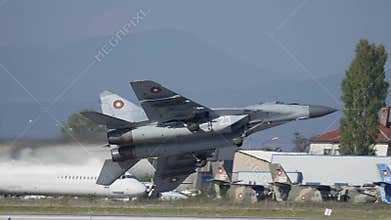 Mikoyan Gurevich MiG 29 Fulcrum Military Jet Aircraft Landing on Air Base Runway